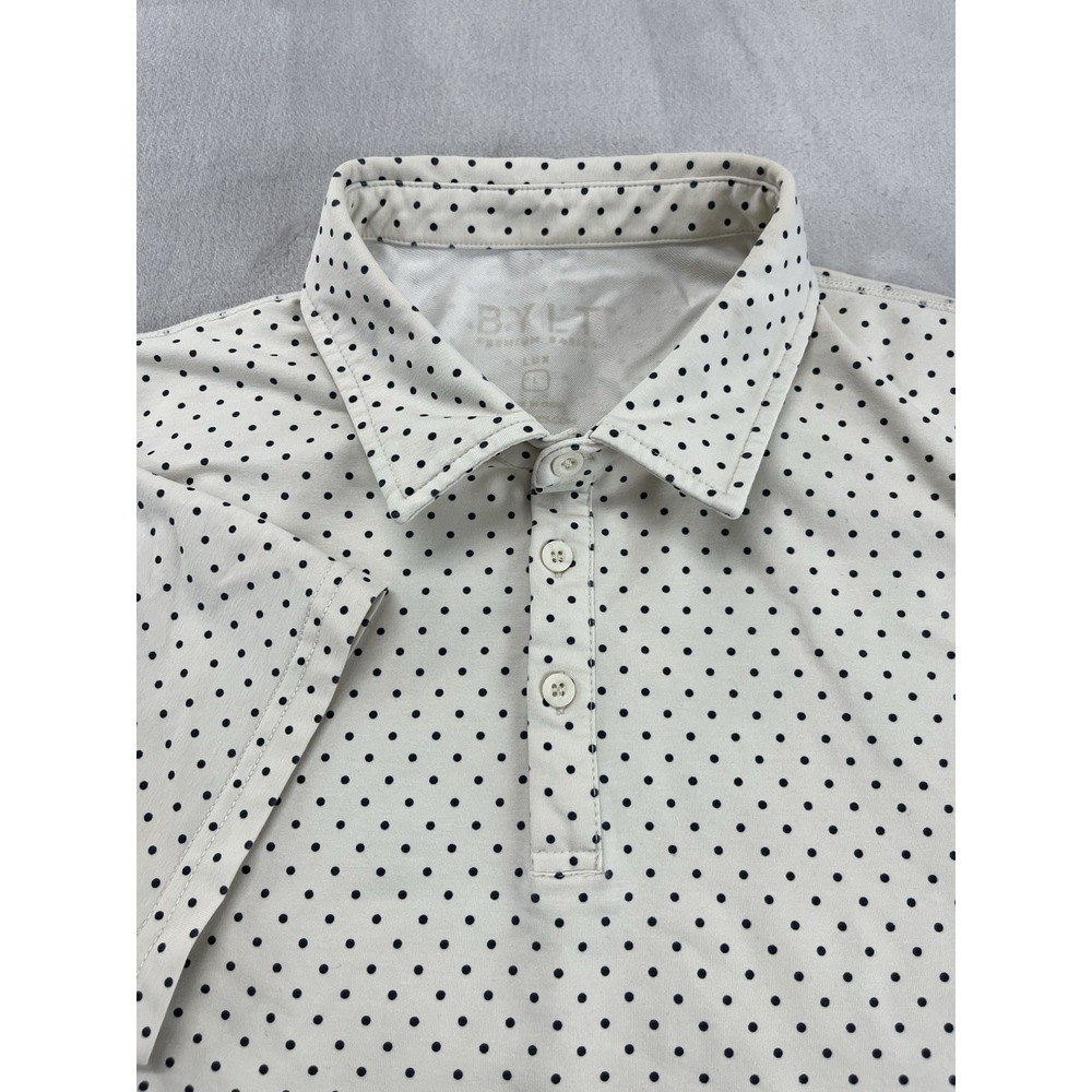 BYLT Polo Men Large Beige Polka Dots Premium Basic Lux Stretch Golf Tennis